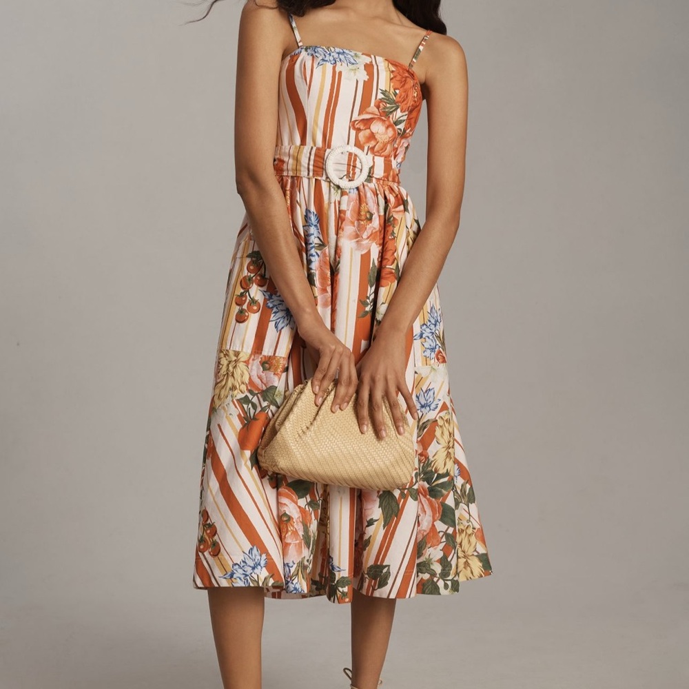 Anthropologie Strapless Floral Dress - Orange and Blue